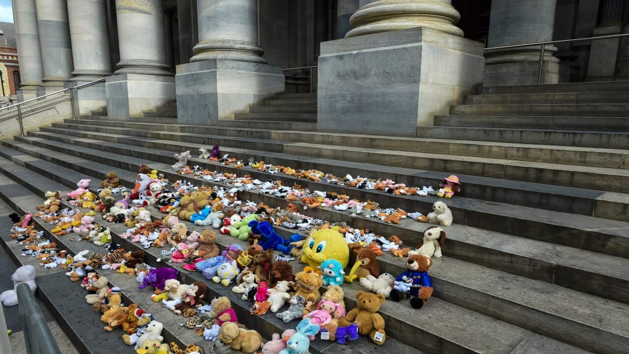 603 teddy bears are seen on the steps of Parliament House representing children locked up around Australia outside Parliament House of South Australia in Adelaide, Friday, November 29, 2019.