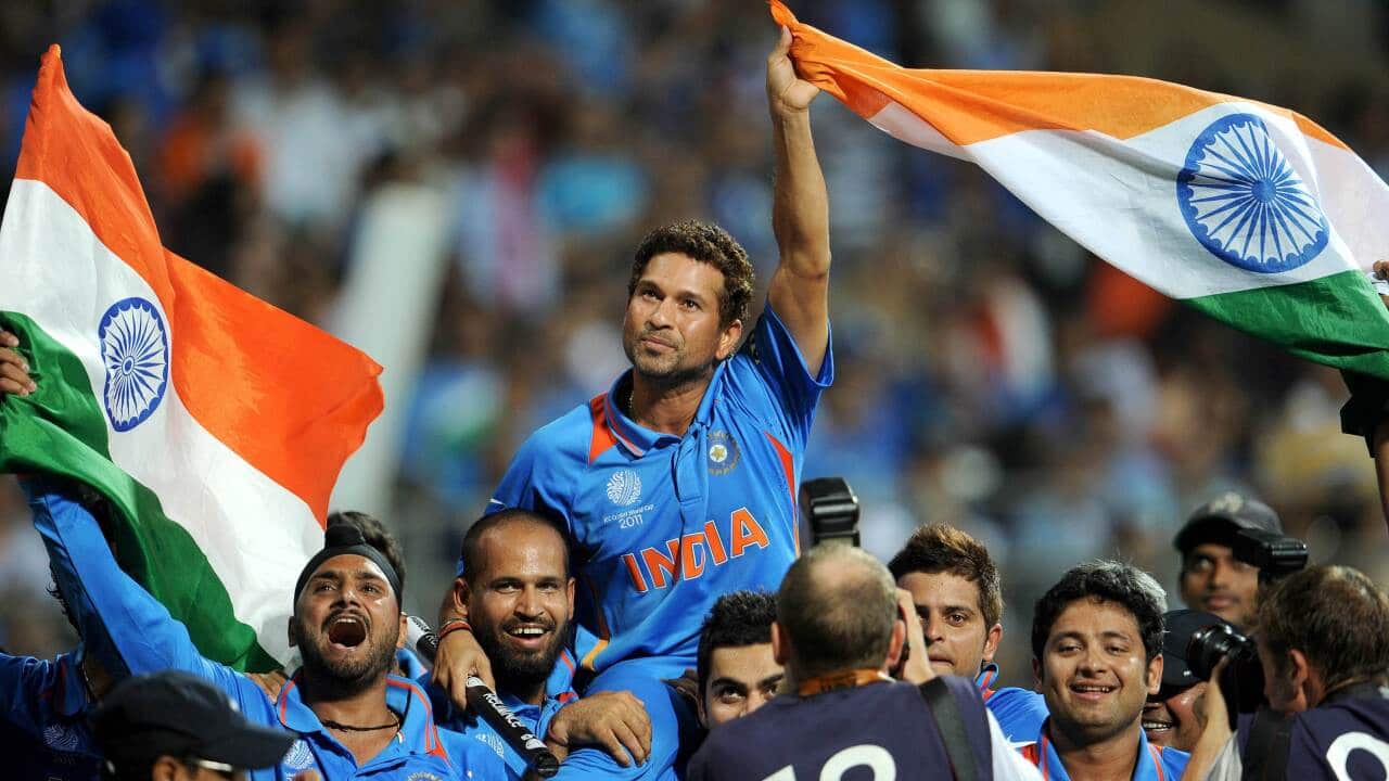 Sachin Tendulkar is carried on his teammates' shoulders after India defeated Sri Lanka in the ICC Cricket World Cup 2011 final in Mumbai - AAP-2.jpg