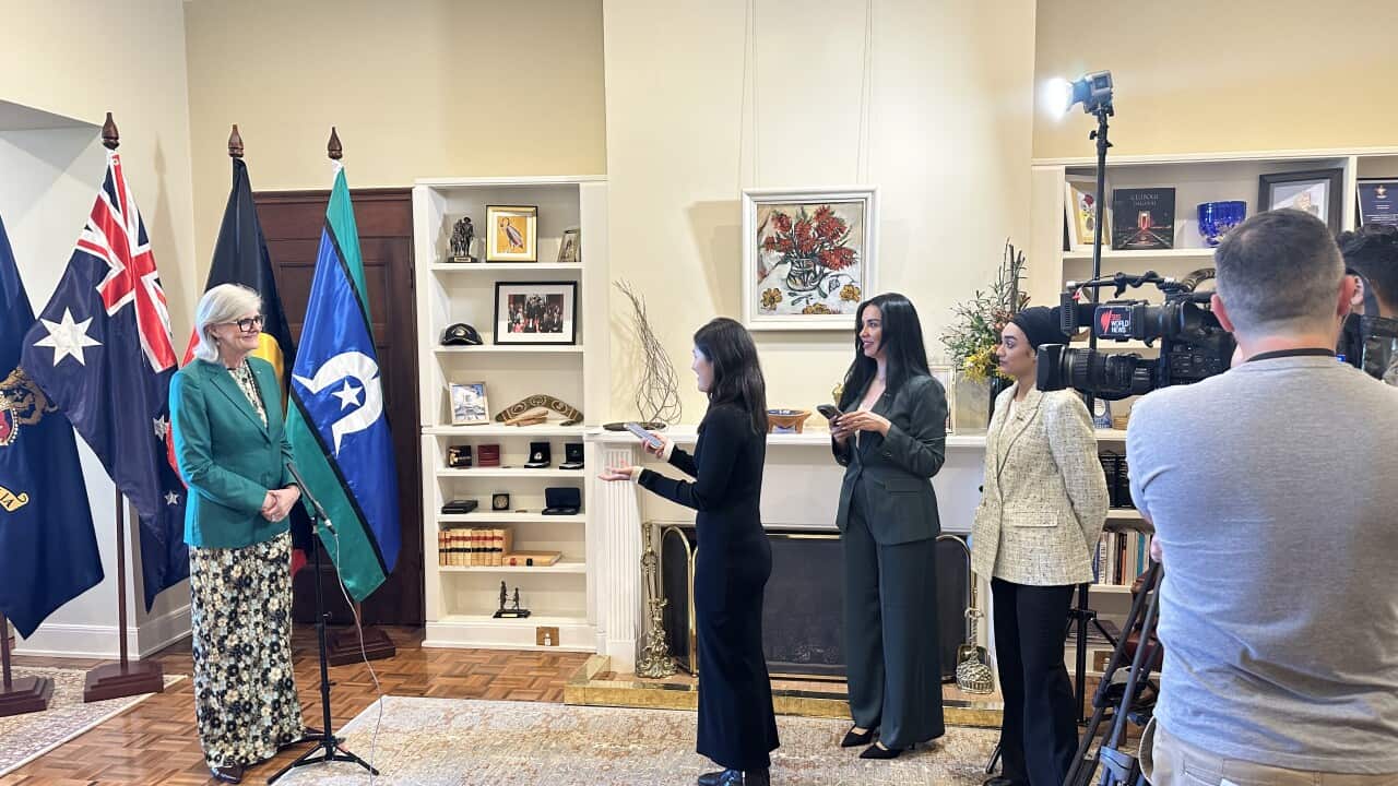 Governor-General Sam Mostyn faces SBS journalists at a room inside Government House in Canberra to answer questions in an on-camera interview.