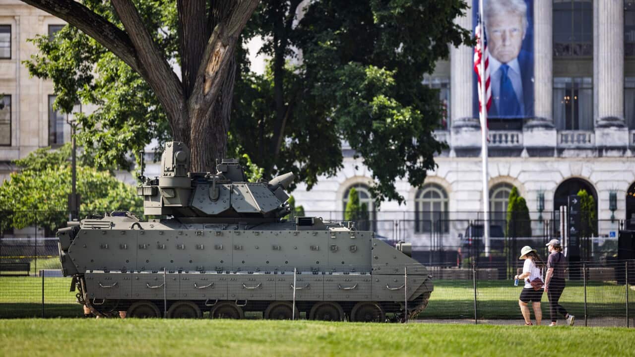 Helicopters and other heavy equipment staged for DC military parade