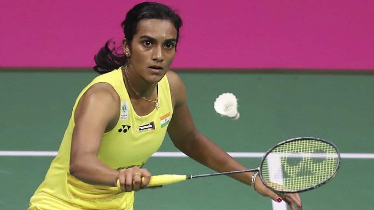 India's Pusarla Sindhu competes in the women singles final on day seven of the 2017 BWF World Championships at the Emirates Arena in Glasgow, Scotland, Sunday Aug. 27, 2017. (Jane Barlow/PA via AP)