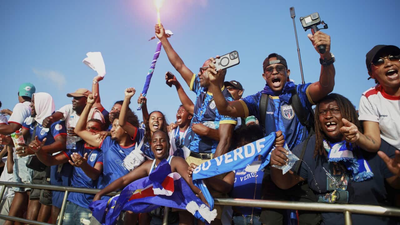 Fans celebrate in the stands at a stadium during a football match.