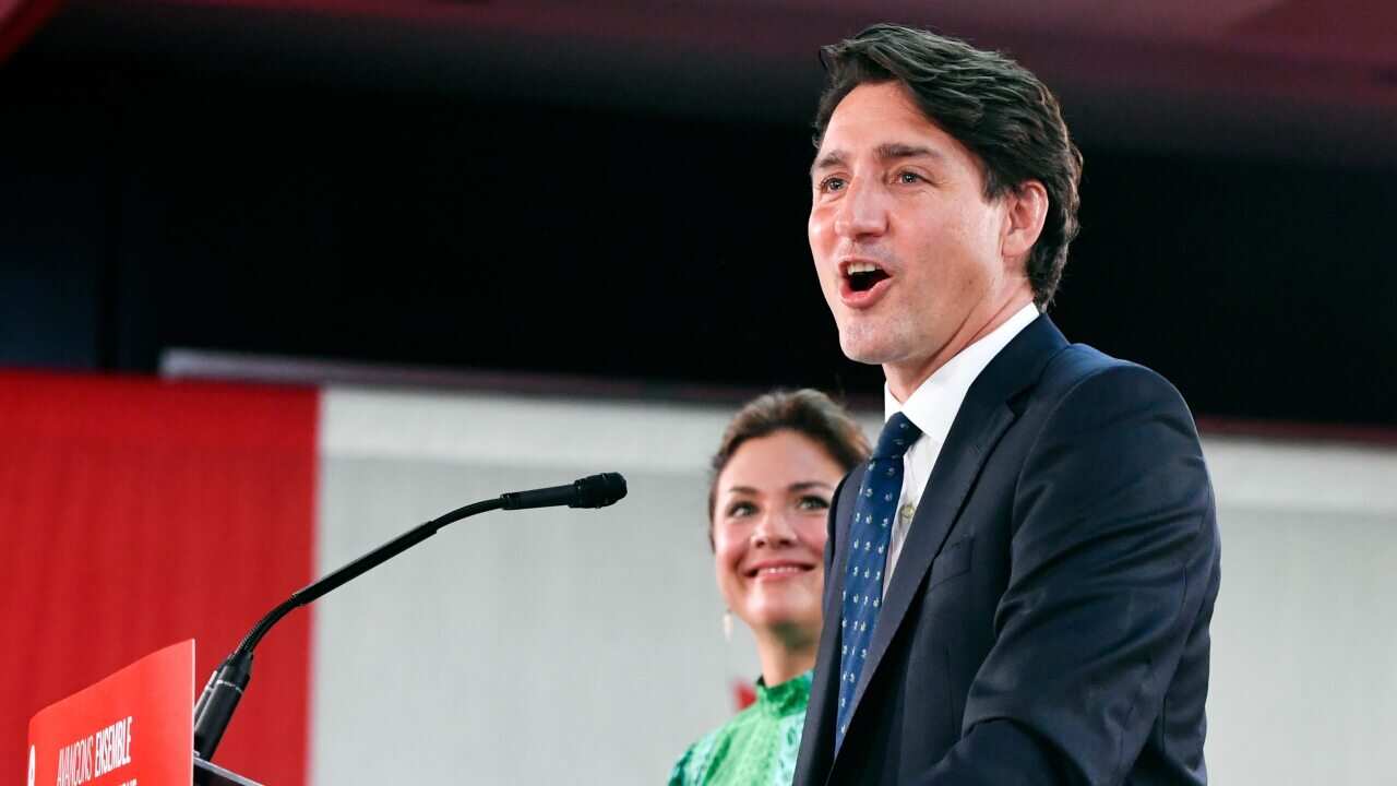 Canadian Prime Minister Justin Trudeau addresses supporters as he celebrates his election victory in Montreal, Quebec, Canada, 20 September 2021.
