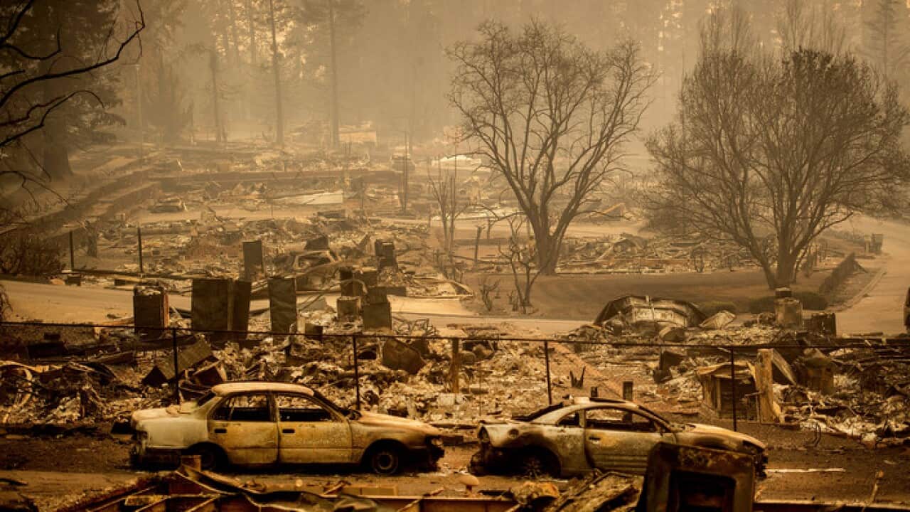 Homes leveled by the Camp Fire line a development on Edgewood Lane in Paradise, Calif., Monday, Nov. 12, 2018. (AP Photo/Noah Berger)