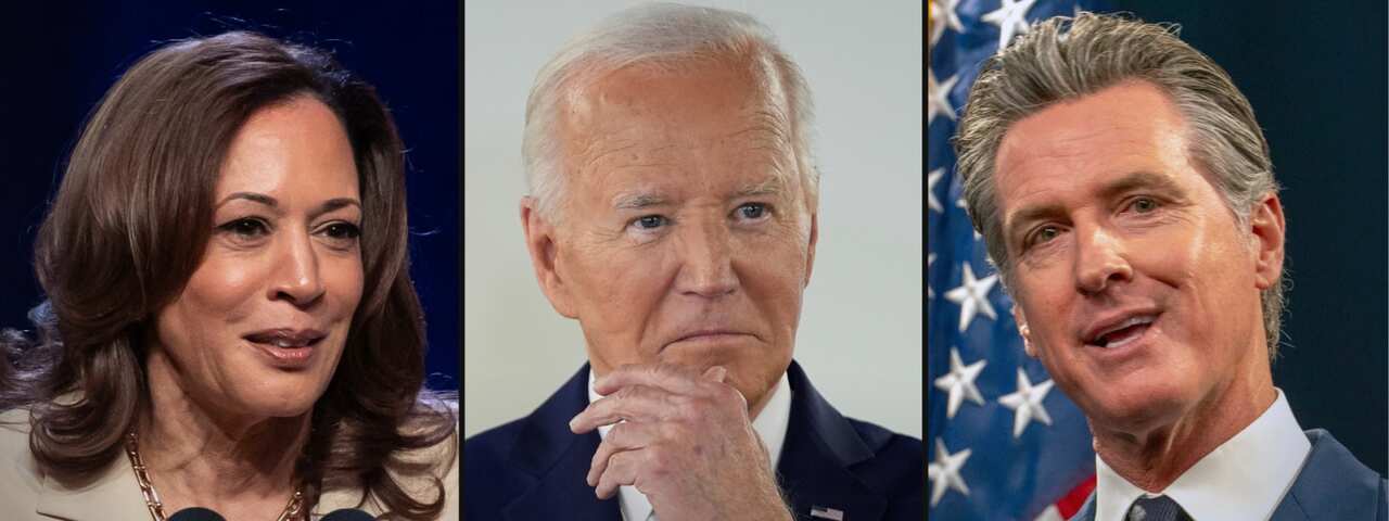 A composite image of Kamala Harris, Joe Biden, and another white man in a suit