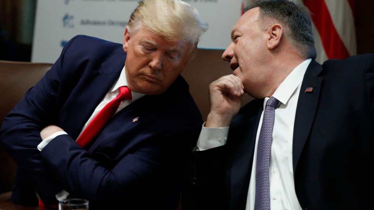 U.S. President Donald Trump listens to Secretary of State Mike Pompeo during a Cabinet Meeting at the White House in Washington on October 21, 2019. Photo by Yuri Gripas/ABACAPRESS.COM.