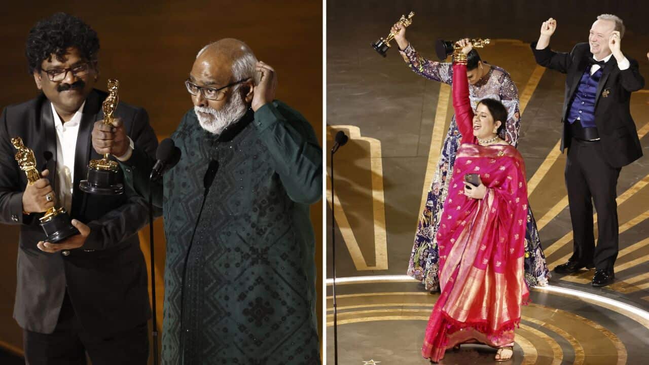 Chandrabose (L) M M Keervaani after winning Oscar for Best Original Song for Naatu Naatu. Kartiki Gonsalves(B) Gunnet Moonga (F) after winning Oscar for Best documentary short film.