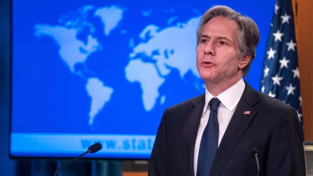 Os diplomatas americanos, Antony Blinken e Lloyd Austin estão em Kiev, Ucrânia.