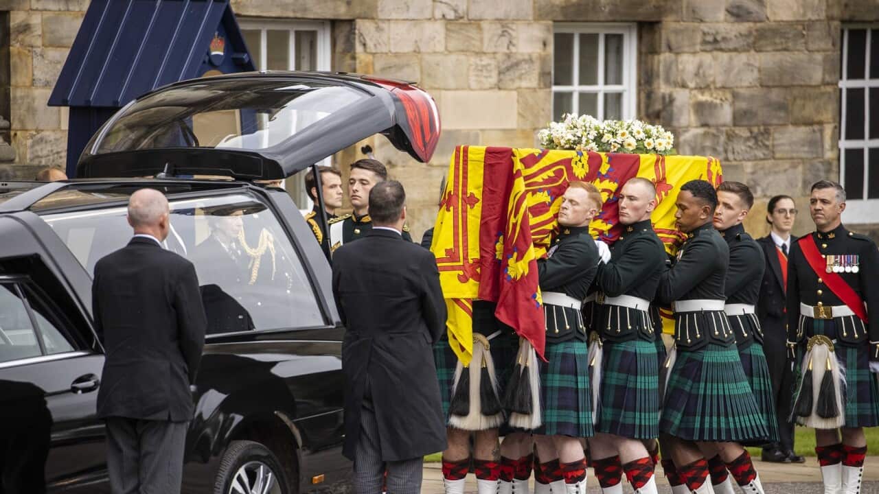 HM Queen Elizabeth II's coffin, at the Palace of Holyrood, in Edinburgh, Scotland, Britain, 11 September 2022. The arrival of the hearse carrying Queen Elizabeth II marks the first stage of the journey from Balmoral to London.