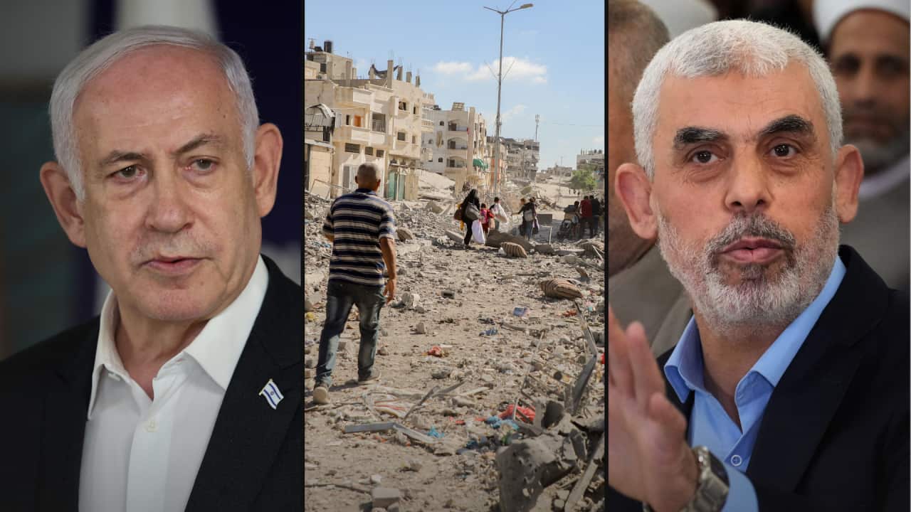 A split image. On the left is Israeli Prime Minister Bejamin Netanyahu. In the middle is are Palestinians walking down a Gaza street strewn with rubble. On the right is killed Hamas leader Yahya Sinwar.
