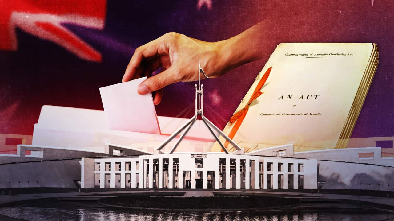 Graphic artwork showing a hand putting a vote in a ballot box, the front page of the Constitution of Australia, Parliament House in Canberra and the Australian flag.