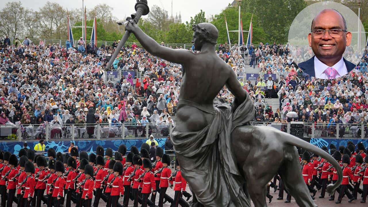 Street view during King Charles III Coronation; inset Thirunavukarasu Vignarajah