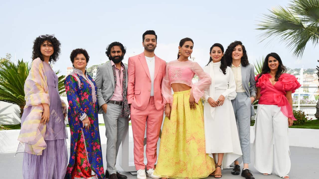 Producer Sana Jafri, Sania Saeed, Ali Junejo, Director Saim Sadiq, Alina Khan, Sarwat Gilani, Rasti Farooq and Producer Apoorva Charan attend the photocall for 'Joyland' during the 75th annual Cannes film festival at Palais des Festivals on 22 May 22, 2022 in Cannes, France.