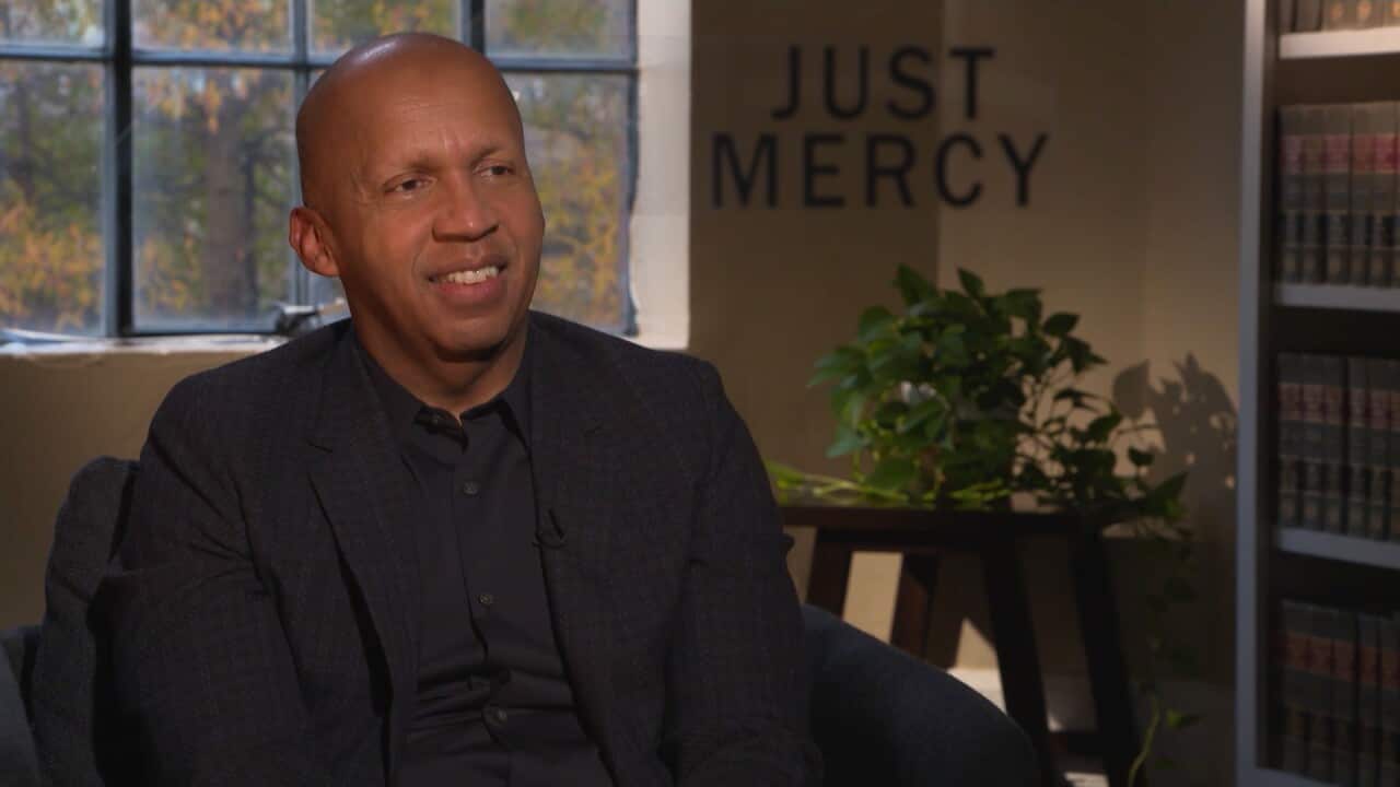 Stevenson on set for Living Black interview to promote new film Just Mercy