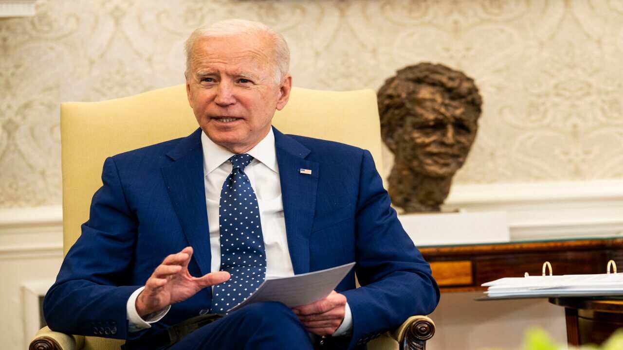 U.S. President Joe Biden speaks during a meeting with the Congressional Asian Pacific American Caucus Executive Committee in the Oval Office of the White House.