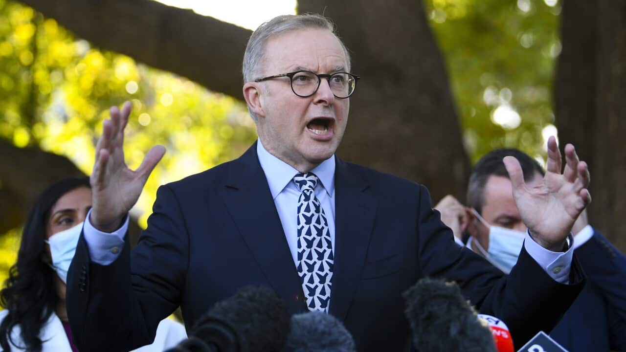 Australian Opposition Leader Anthony Albanese speaks to the media during a press conference at Bentley Hospital on Day 36 of the 2022 federal election campaign in Perth, Monday, May 16, 2022. (AAP Image/Lukas Coch) NO ARCHIVING