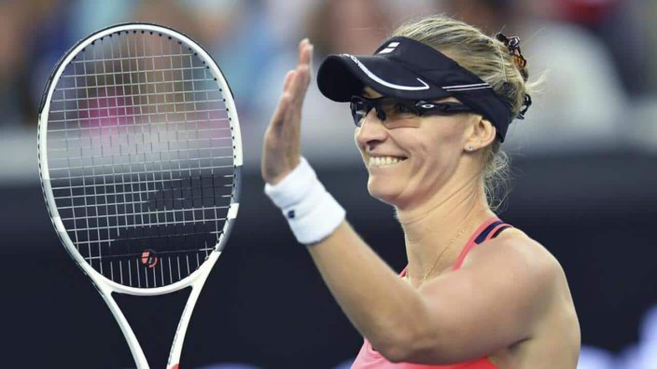 Mirjana Lucic-Baroni of Croatia reacts after winning her second round at AO