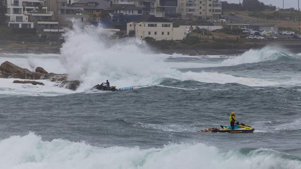 Surf lifesavers on jet skis search for a missing man in coastal waters.
