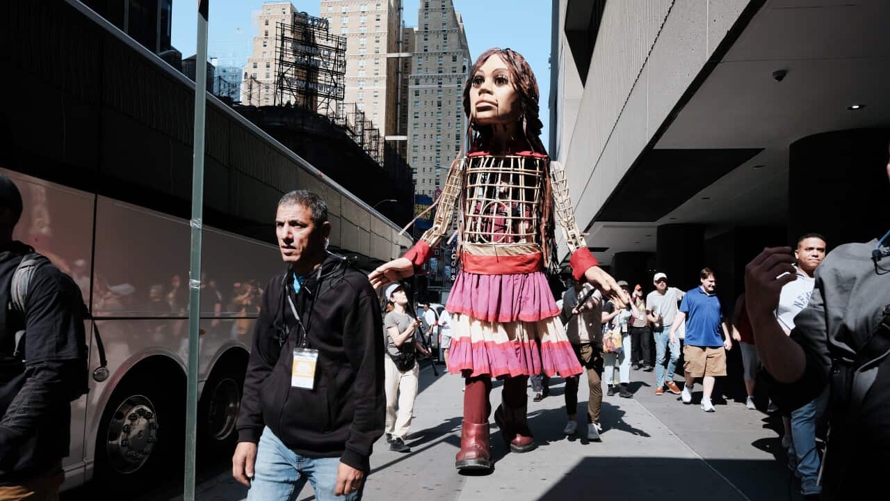 "Little Amal" Visits Times Square To Raise Awareness Of Syrian Refugees