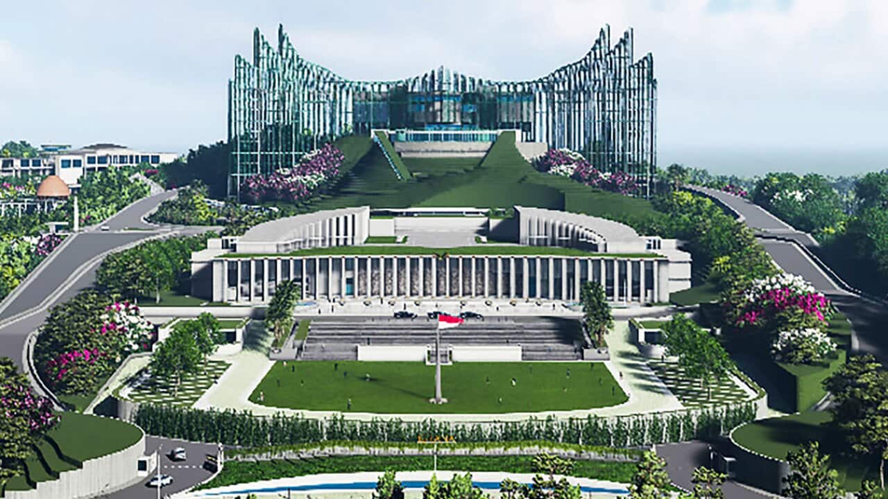 Computer-generated design illustration of Indonesia's future presidential palace in East Kalimantan