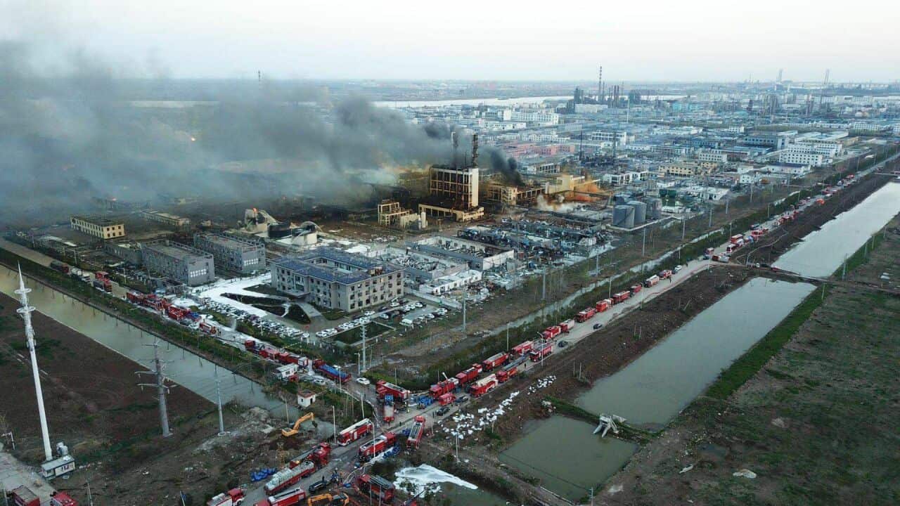 Dense smoke rises from the chemical plant of Jiangsu Tianjiayi Chemical Co., Ltd. after an explosion occurred in Xiangshui county, Yancheng city, east China.