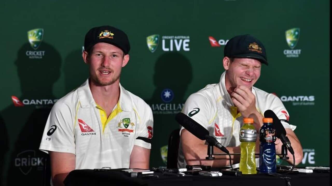 Australia cricketers Cameron Bancroft (left) and Steve Smith