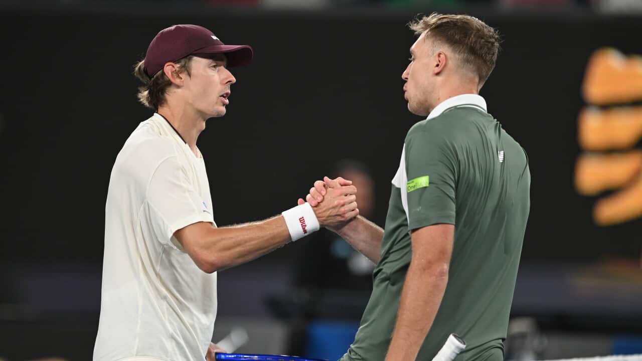 Alex de Minaur of Australia shakes hands with Hamad Medjedovic of Serbia after winning the Men’s 2nd round match at the 2026 Australian Open at Melbourne Park