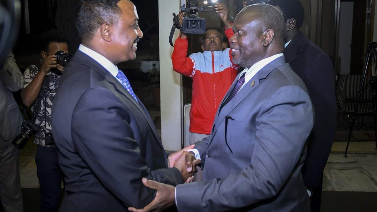 South Sudanese rebel leader Riek Machar (R) shakes hands with Ethiopian foreign minister Workneh Gebeyehu (L) as he arrives for talks in Ethiopia. 