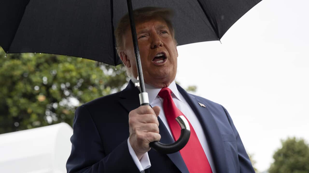 President Donald Trump speaks to members of the press on the South Lawn of the White House in Washington, Saturday, 20 June, 2020.