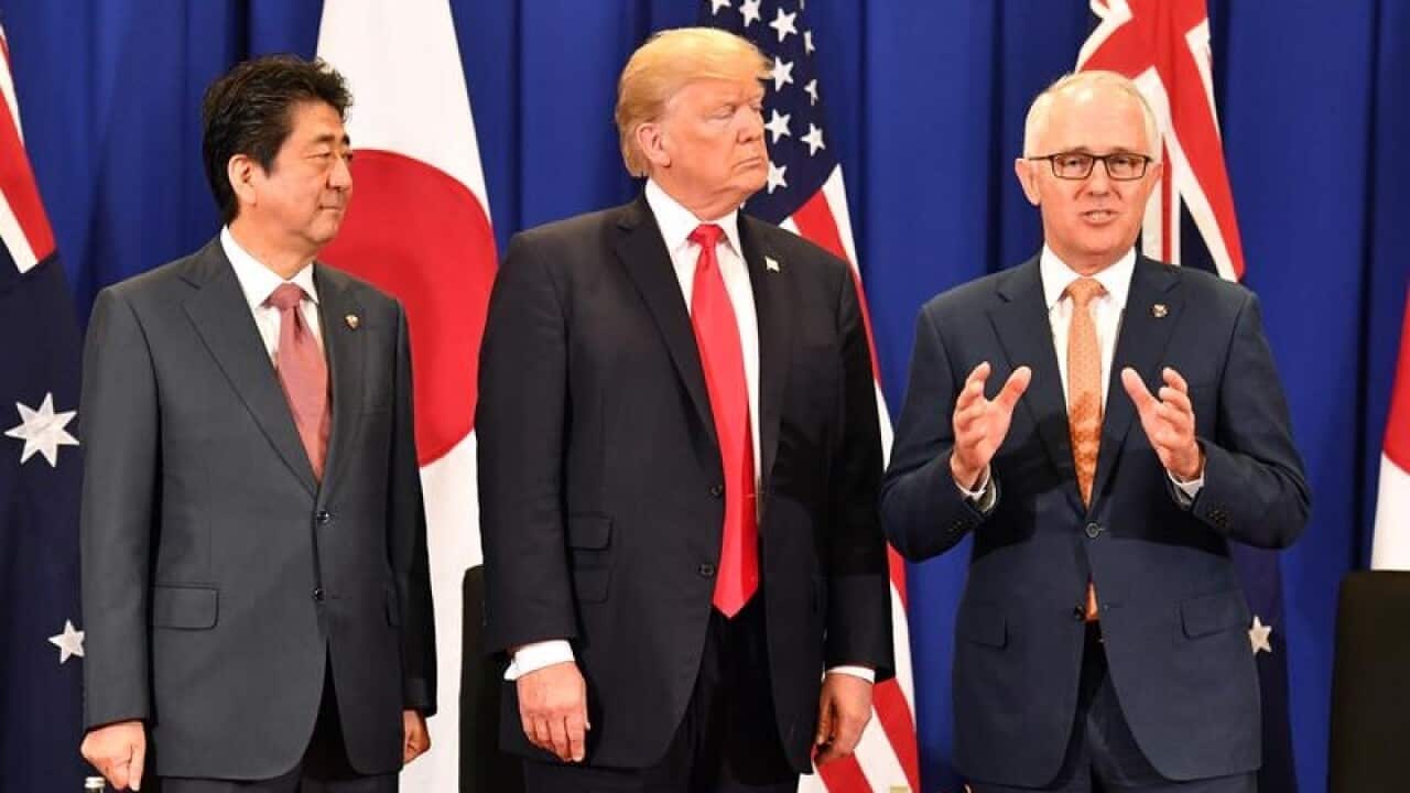 Malcolm turnbull with Donald Trump and Shinzo Abe