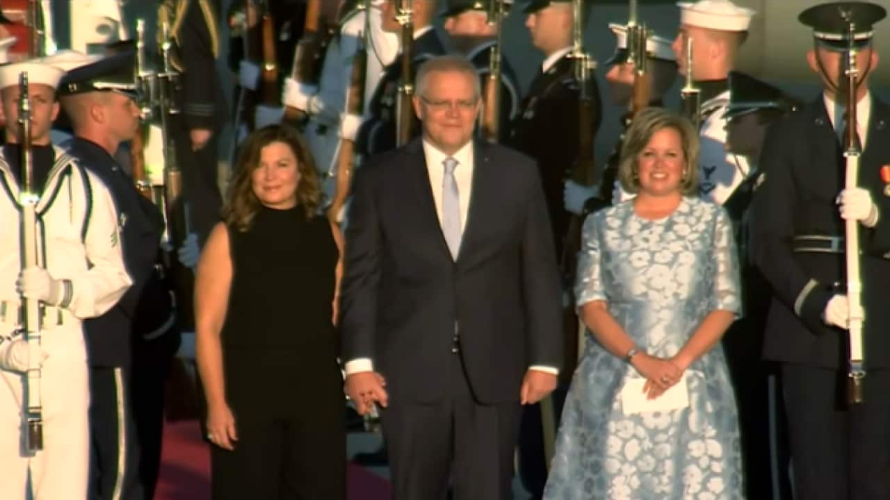Prime Minister Scott Morrison arrives to a ceremonial welcome in Washington. 