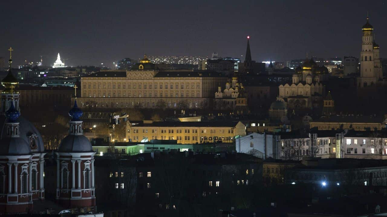 The Kremlin in darkness in Moscow, Russia.