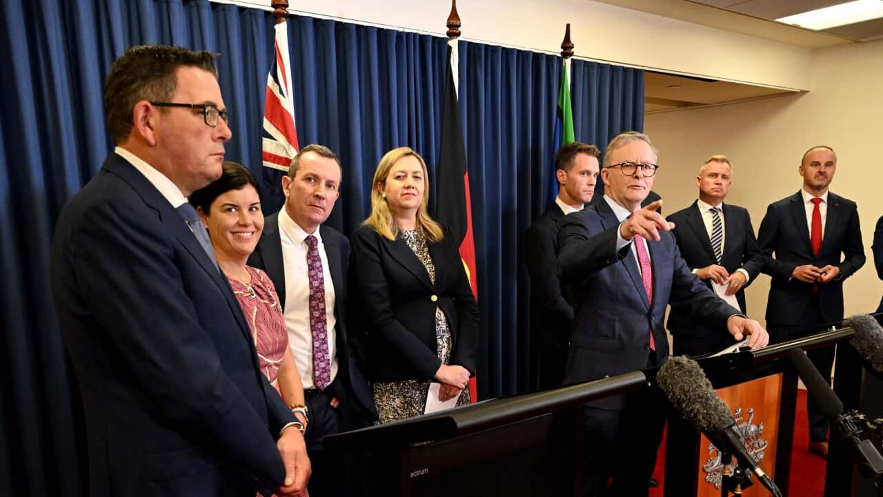 Anthony Albanese standing at a lectern speaking while state and territory leaders stand behind him.