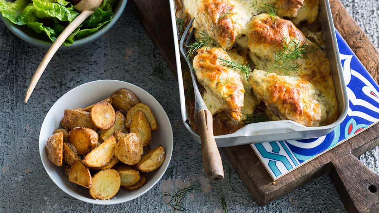 Chicken baked in yoghurt, kefalotiri and dill