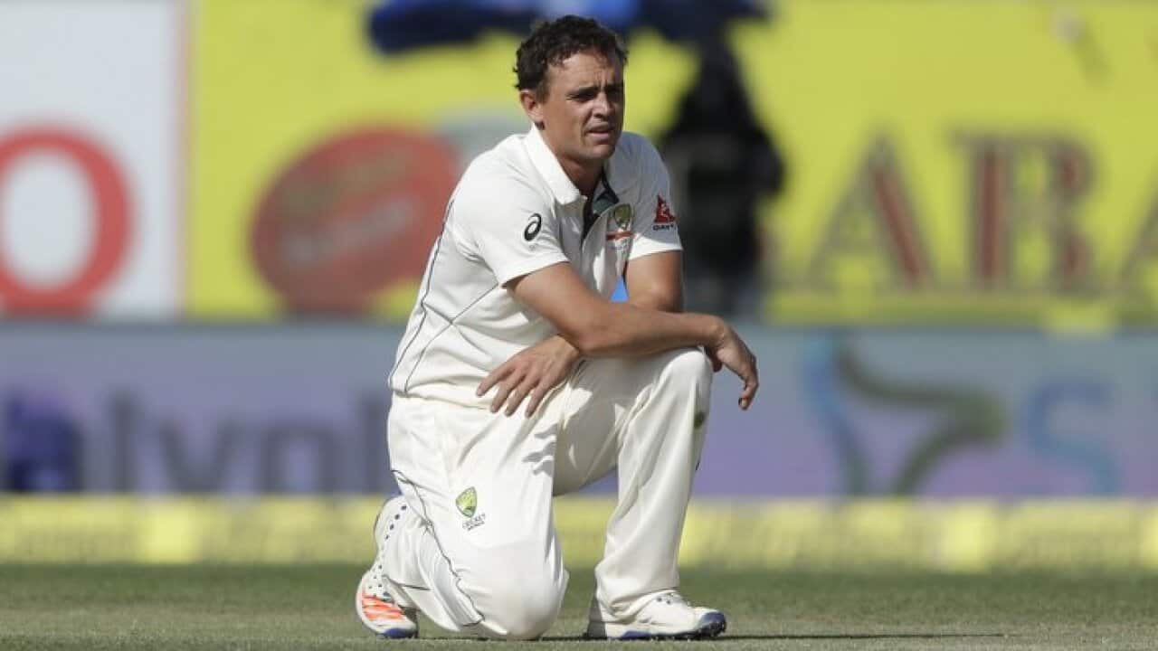 Australia's Steve O'Keefe reacts after makes an unsuccessful appeal during the second day of their fourth test cricket match against India in Dharmsala, India, Sunday, March 26, 2017. (AP Photo/Tsering Topgyal)