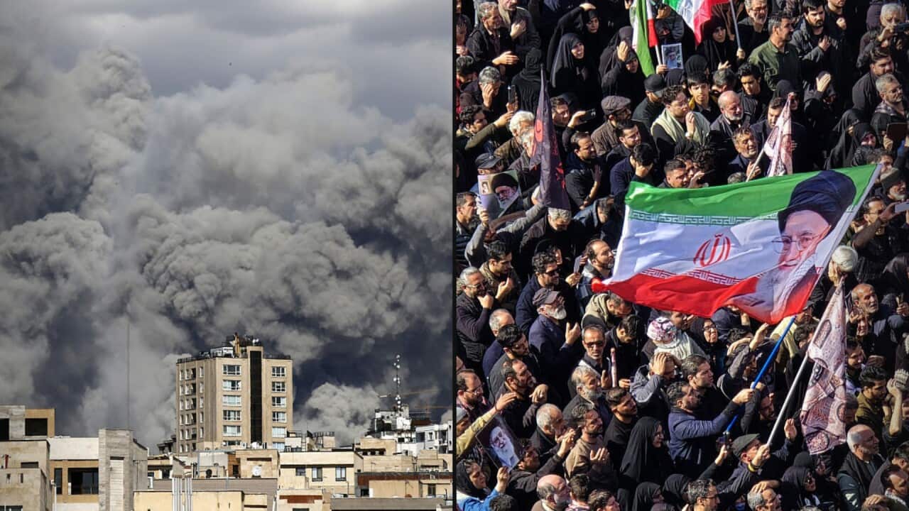 A two-way header image of smoke rising over a city and demonstrators waving Iranian flags.