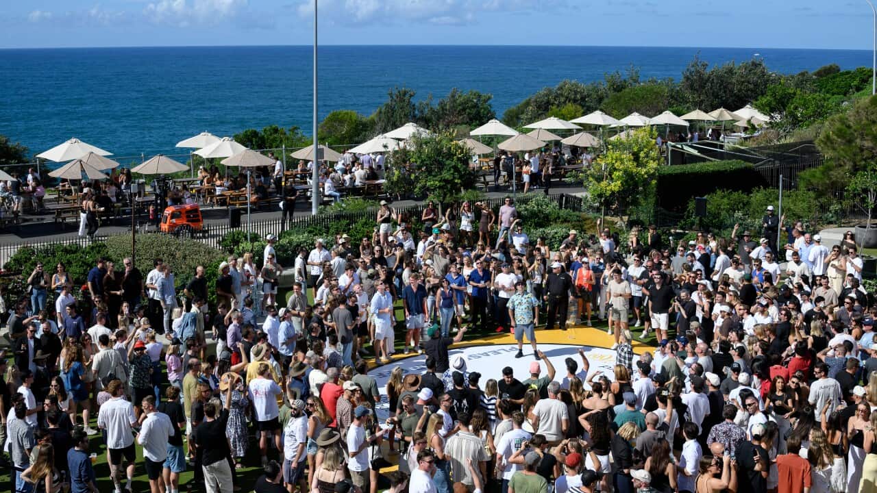 A crowd of people in a grassy area by the beach.