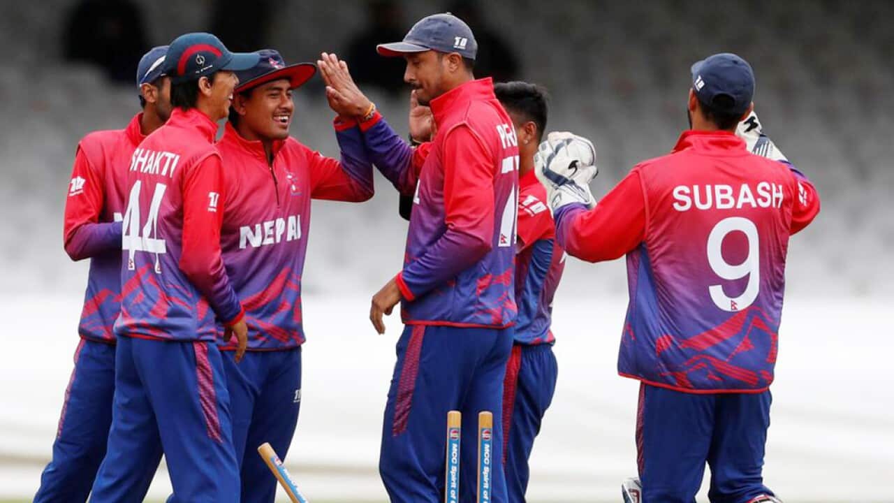 Nepali cricket team celebrating after its first ever one day international victory against Netherlands on Aug 2018.