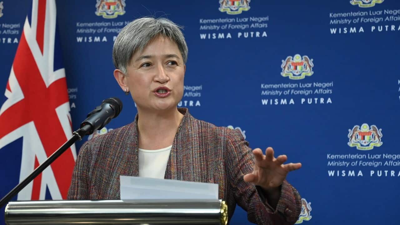 Australia's Foreign Minister Penny Wong speaks to media.