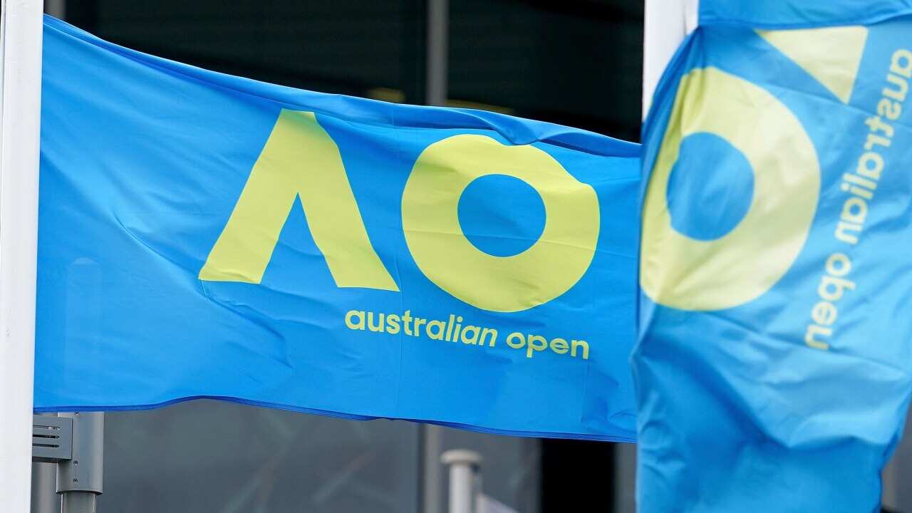 Australian Open flags are seen inside of Melbourne Park ahead of next months Australian Open tennis tournament, in Melbourne, Friday, January 29, 2021. (AAP Image/Scott Barbour) NO ARCHIVING