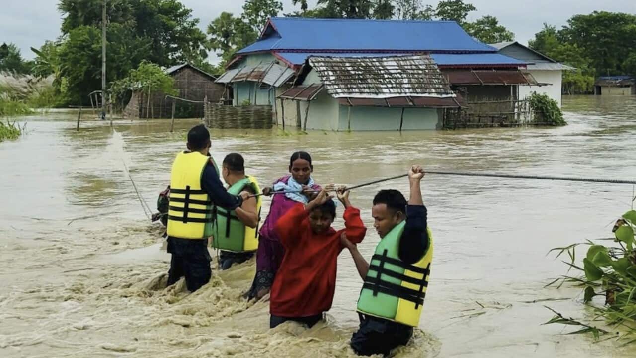 A representative image. A handout photo made available by Nepal Police shows villagers being rescued by Nepali police officers in Morang district, Nepal, 5 October 2025 (issued 6 October 2025).