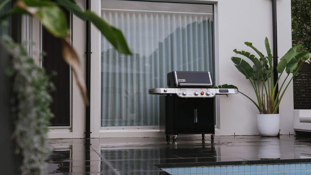 Weber Genesis barbecue by a pool