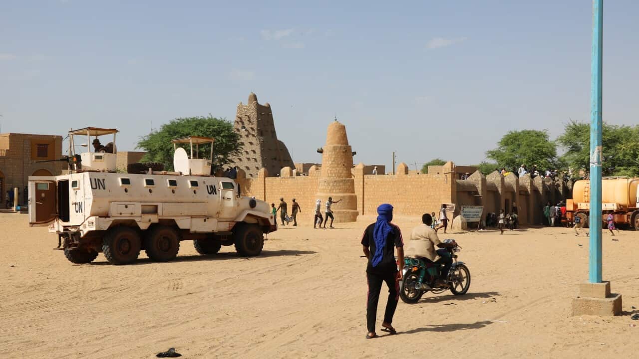United Nations forces patrol the streets of Timbuktu, Mali