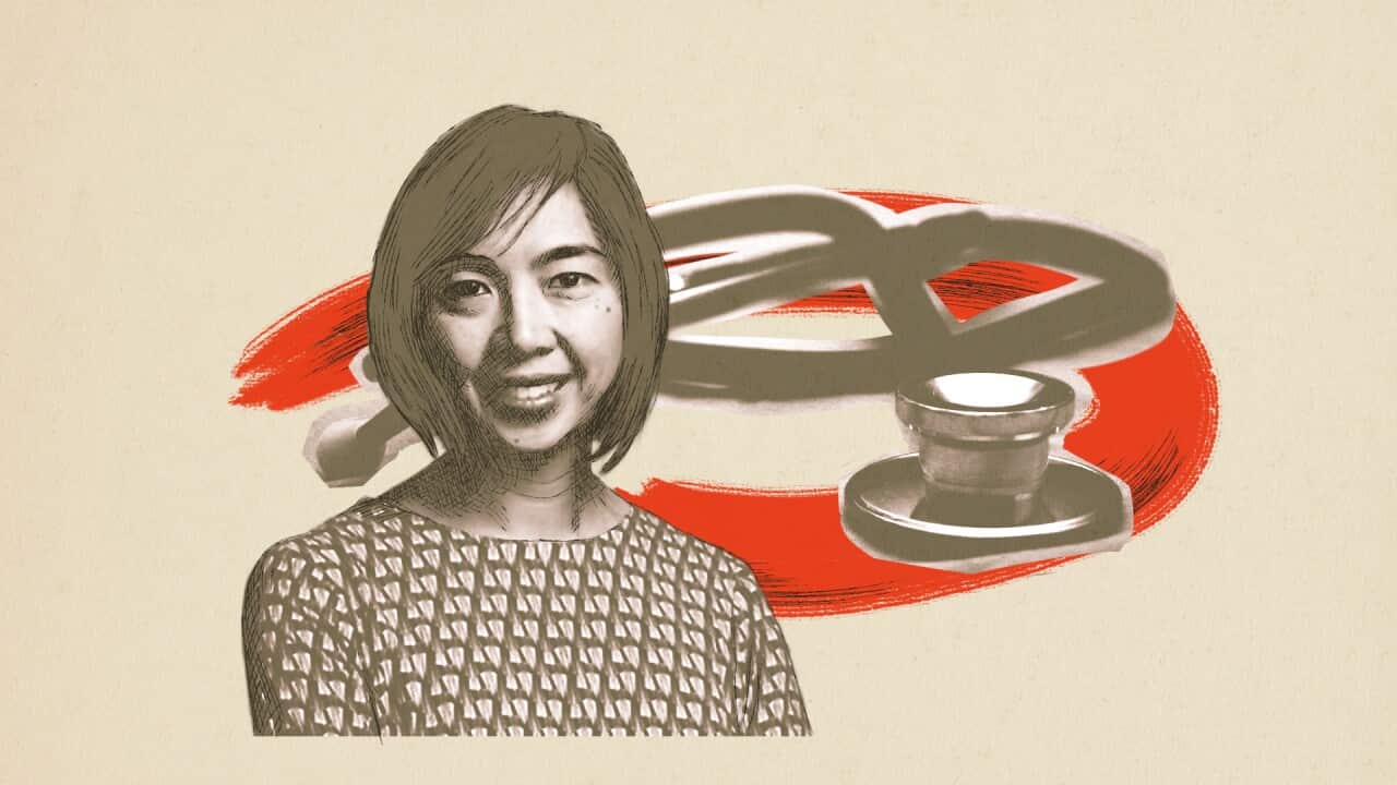 Graphic of Professor Ada Cheung in front of stethoscope.