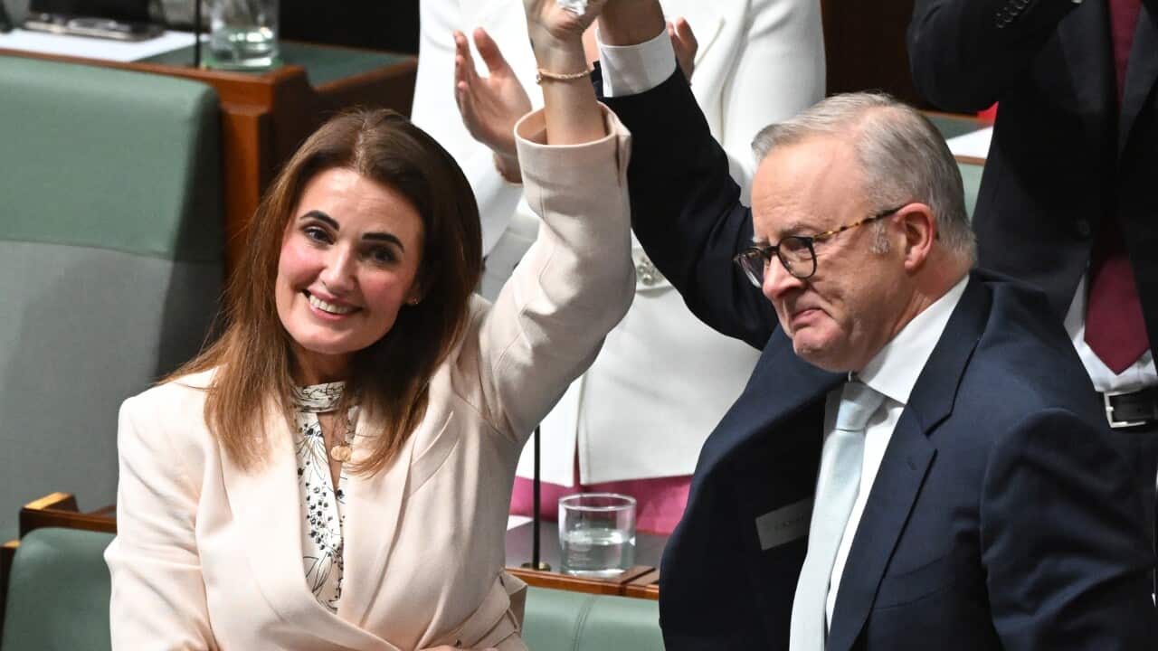 Labor member for Dickson Ali France is congratulated by Australian Prime Minister Anthony Albanese after delivering her first speech in the House of Representatives at Parliament House