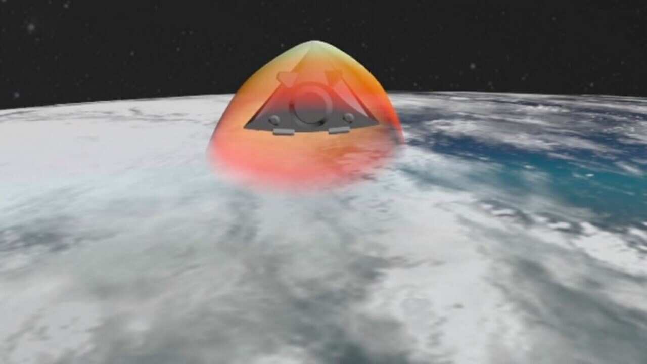 Image from Kremlin video showing simulation of Avangard gliding hypersonic warhead in flight (AAP)