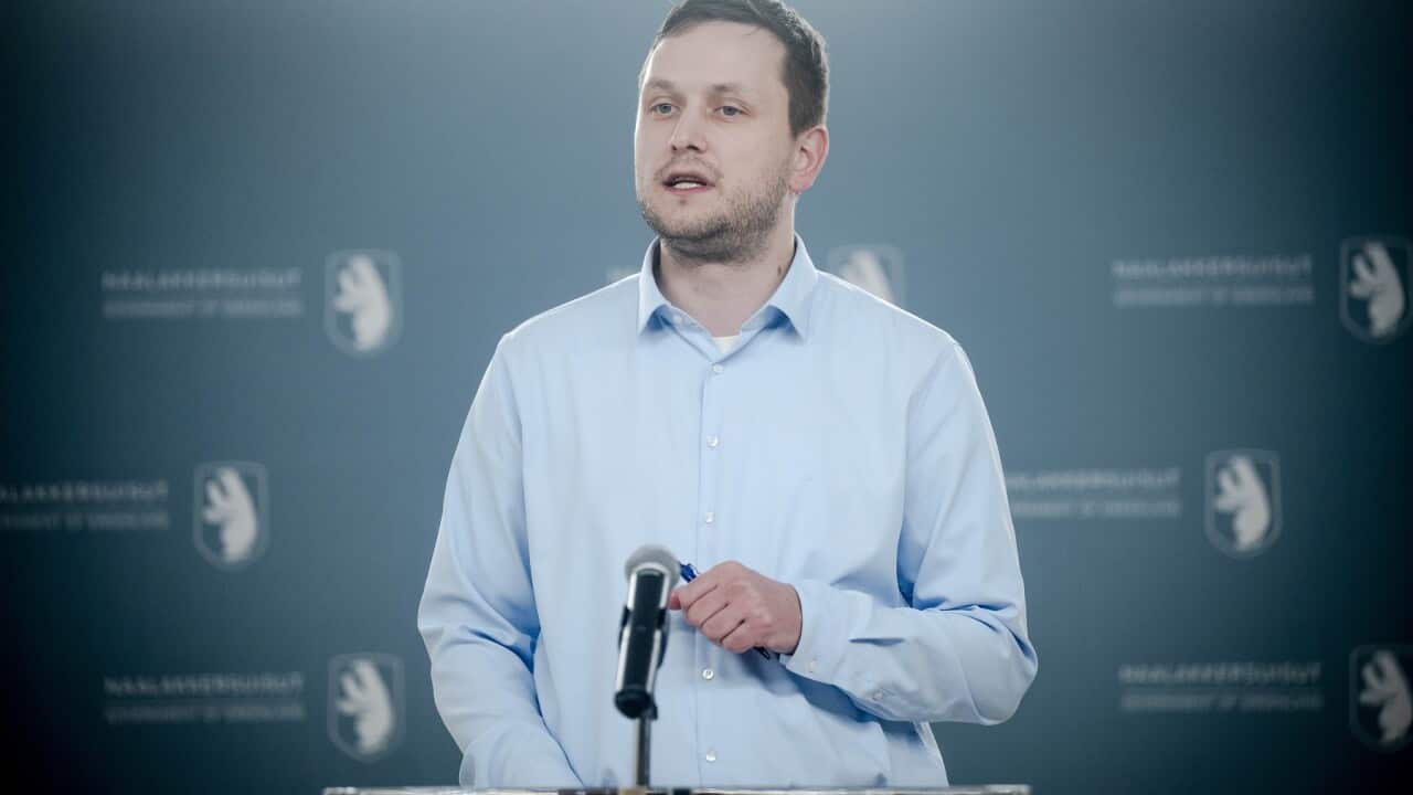 Greenland's Prime Minister Jens-Frederik Nielsen holds a press conference in Nuuk