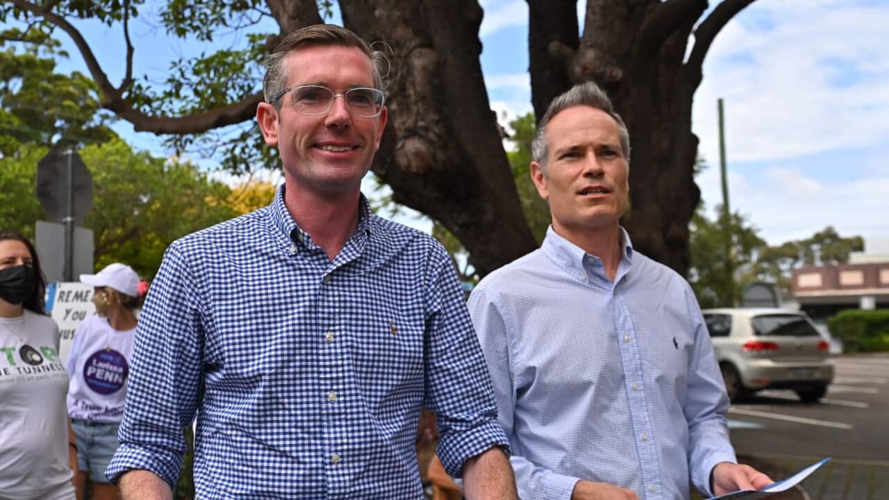NSW Premier Dominic Perrottet during a visit to support Liberal candidate Tim James during the Super Saturday by-elections at Cammeray Public School in Sydney, Saturday, February 12, 2022.