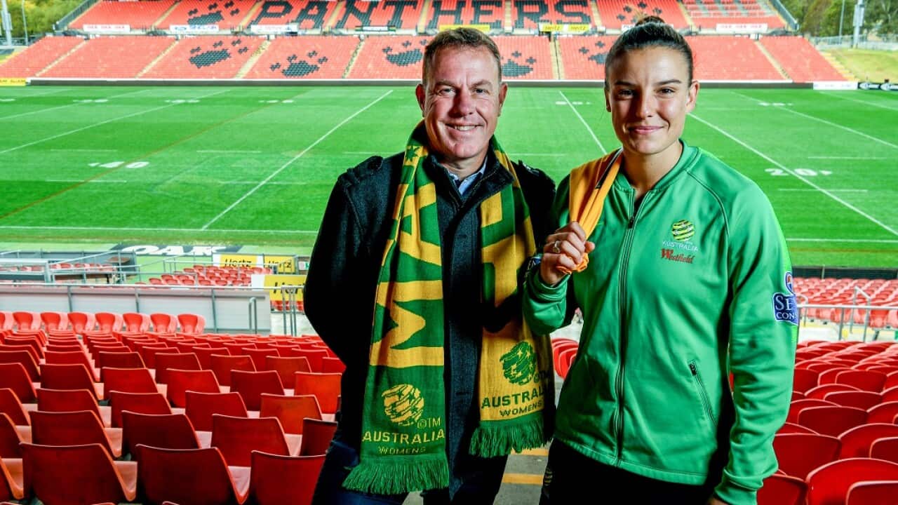 Matildas head coach Alen Stajcic and Matildas Chloe Logarzo at an event in Sydney in September last year. 