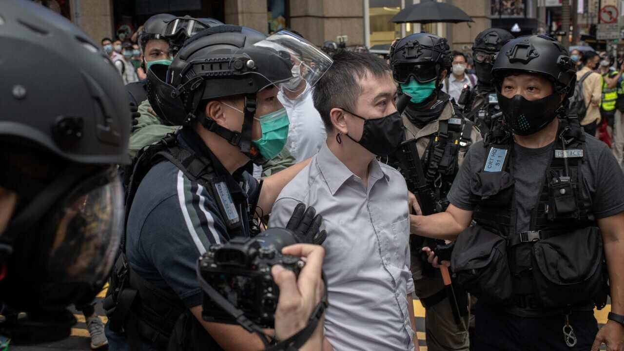 Hong Kong police makes arrests during a protest over China's new security law for Hong Kong.
